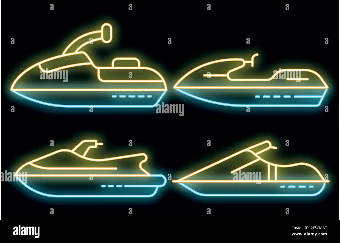 Jetski-Ikonen-Set. Umriss Set von Jet Ski Vektor-Icons Neon-Farbe auf schwarz Stock Vektor