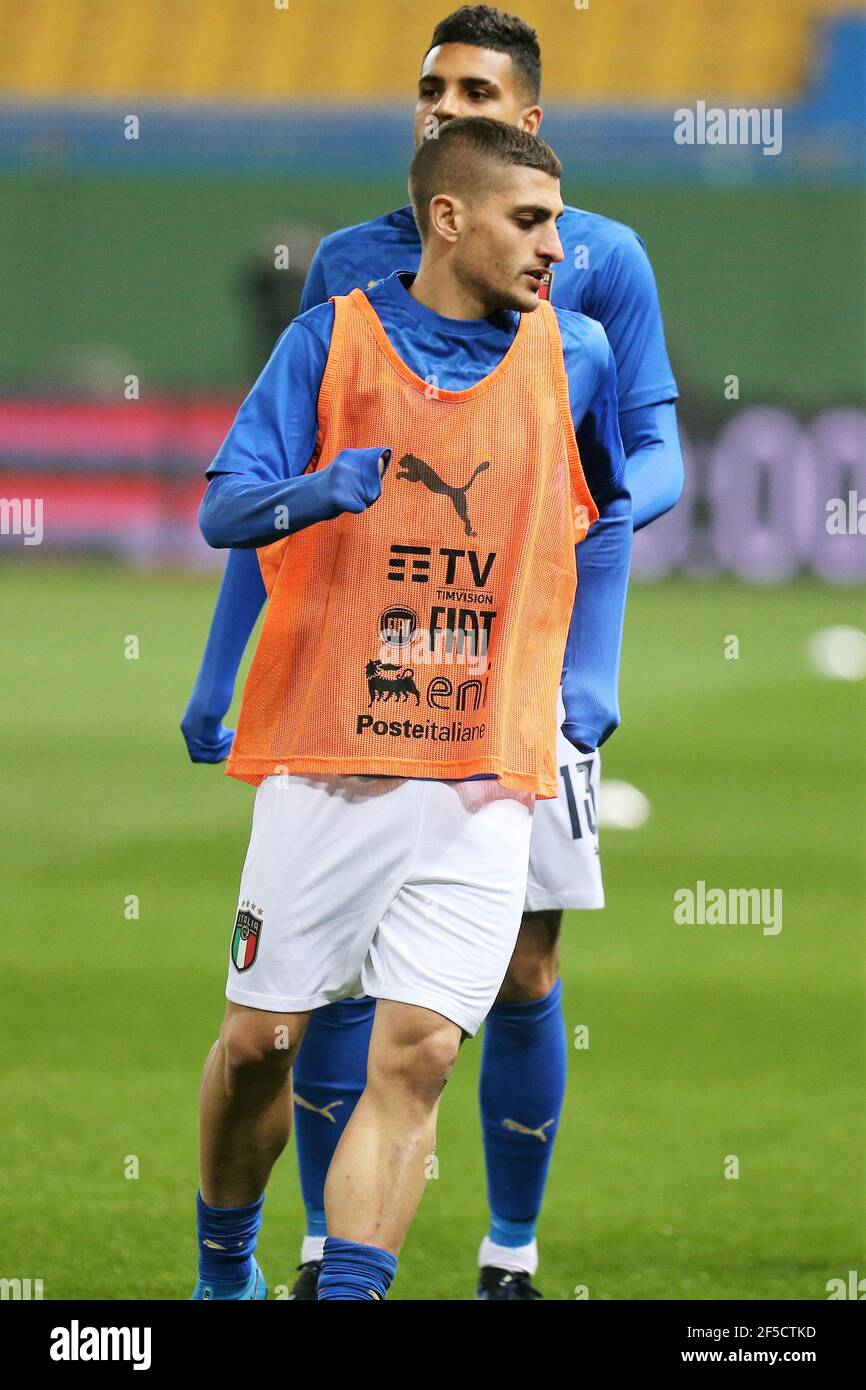 Marco Verratti aus Italien erwärmt sich während der FIFA Weltmeisterschaft 2022, Qualifikationsspiel der Gruppe C zwischen Italien und Nordirland am 25. März 2021 im Ennio Tardini Stadion in Parma, Italien - Foto Laurent Lairys / DPPI / LiveMedia Stockfoto