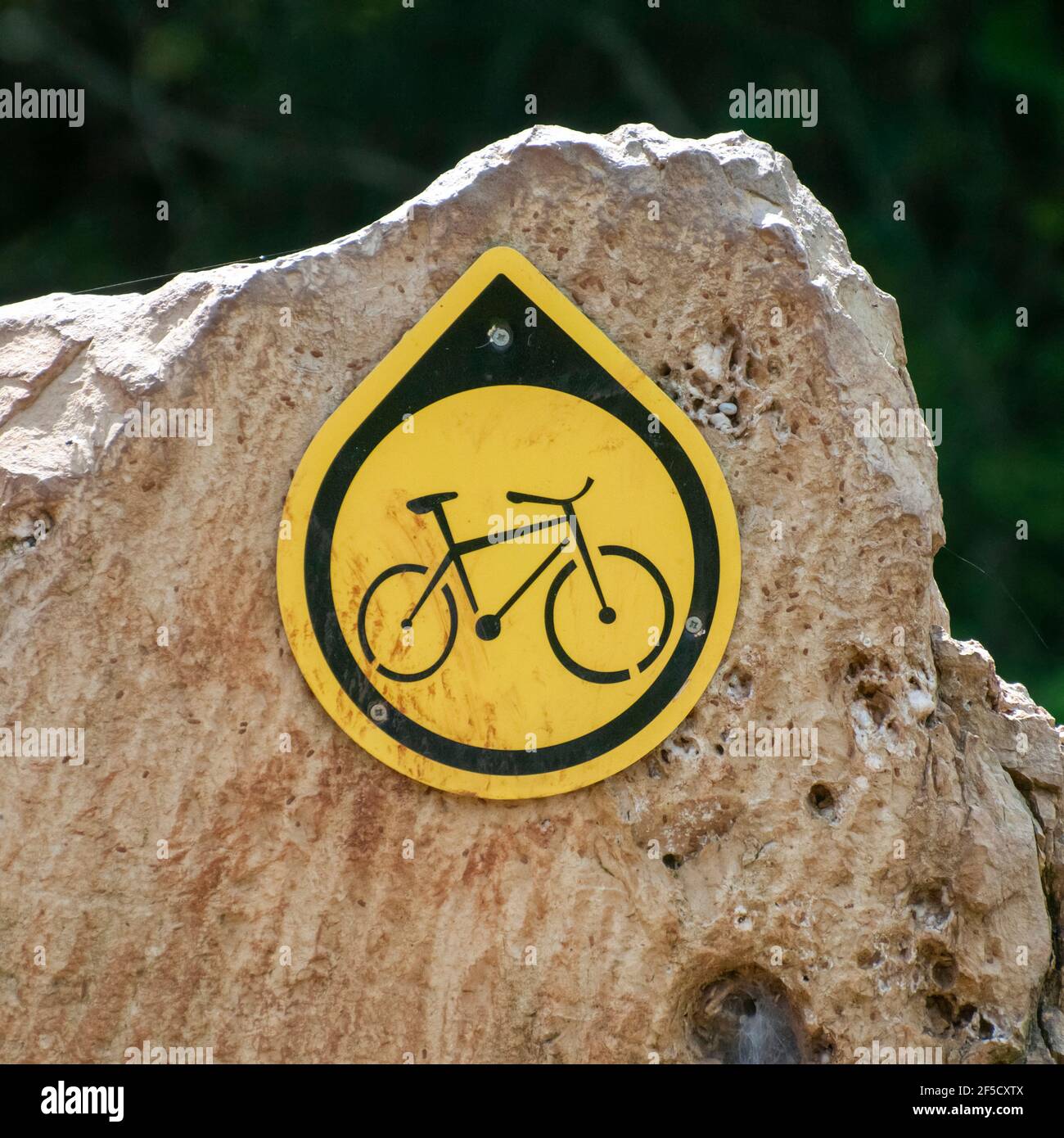 Einspurige Radwegschild in Richtung der Route Stockfoto