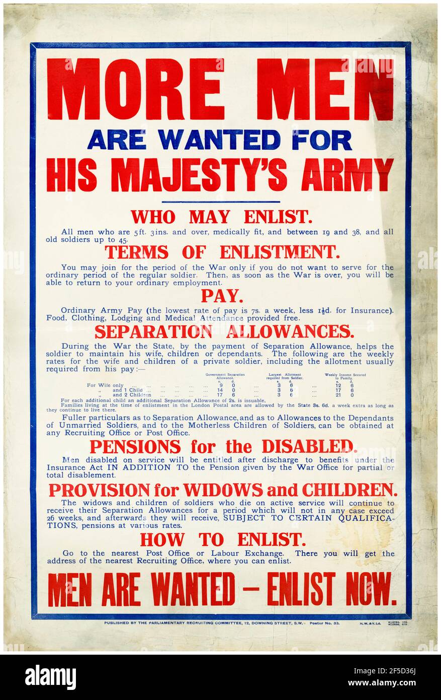 British Army, WW2, Forces Recruitment Poster, More Men Are Wanted for His Majesty's Army, 1942-1945 Stockfoto