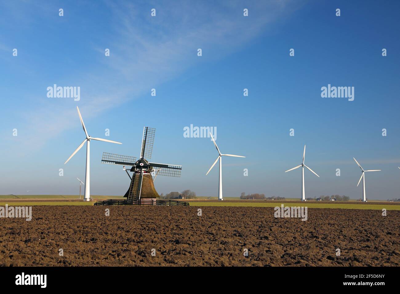 Windmühle und Windräder auf dem Deich, Niederlande, Frisia, Ferwert Stockfoto