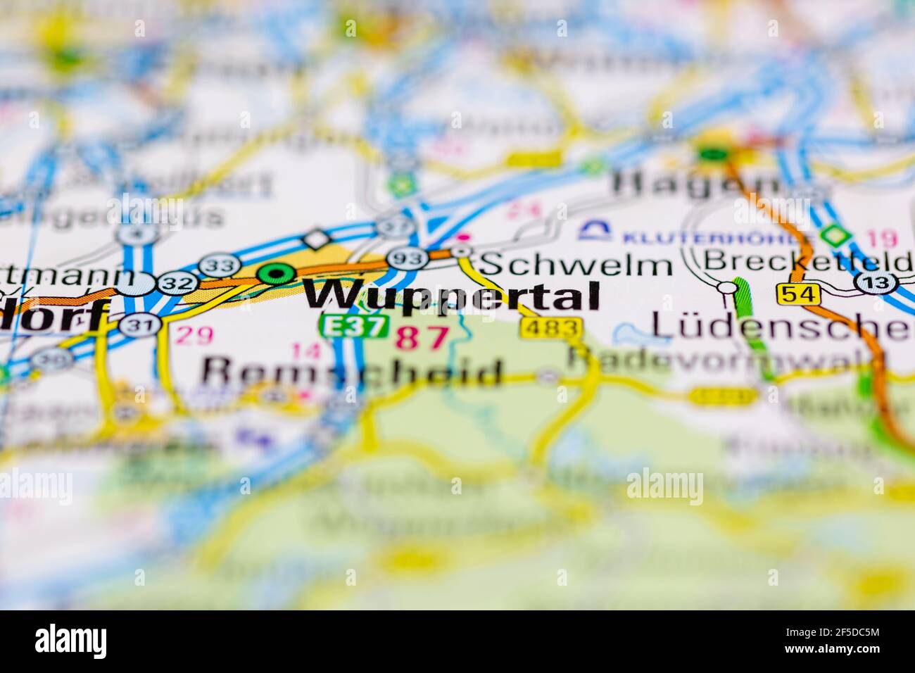 Wuppertal und Umgebung auf einer Geographie-Karte oder angezeigt Straßenkarte Stockfoto