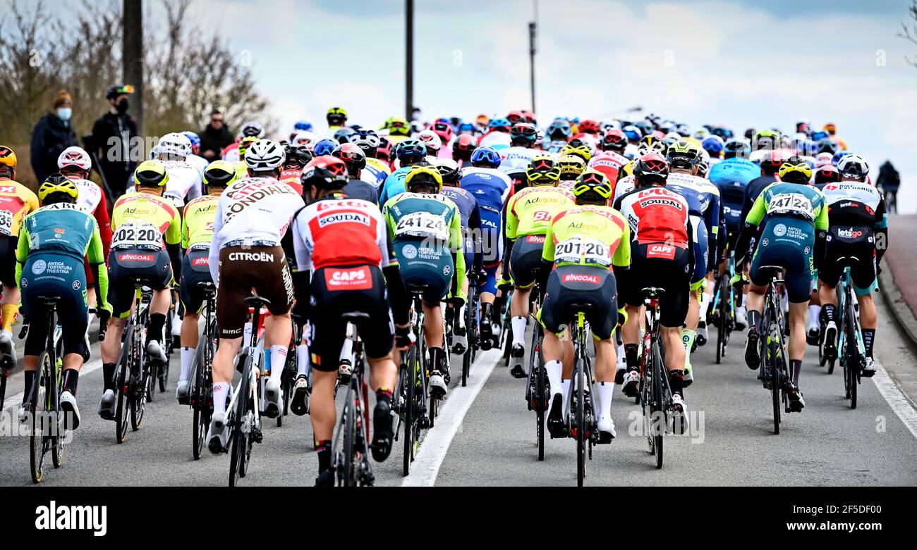 Abbildung Bild zeigt das Rudel von Fahrern in Aktion während des 'E3 Saxo Bank Classic' Radrennens, 203,9km von und nach Harelbeke, Freitag, 26. März Stockfoto