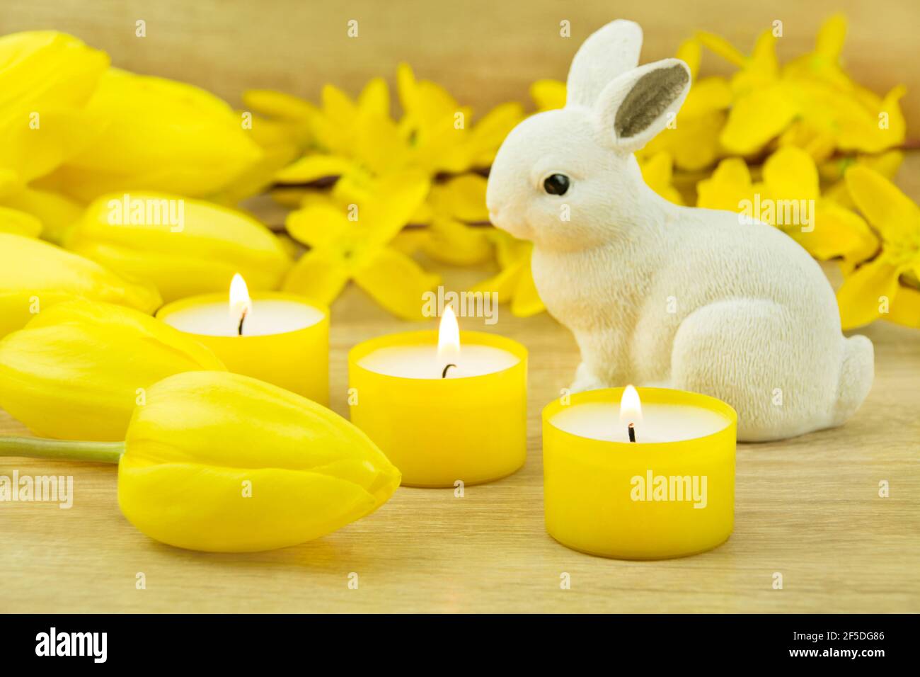 Osterhase mit Tulpen und Kerzen Stockfoto