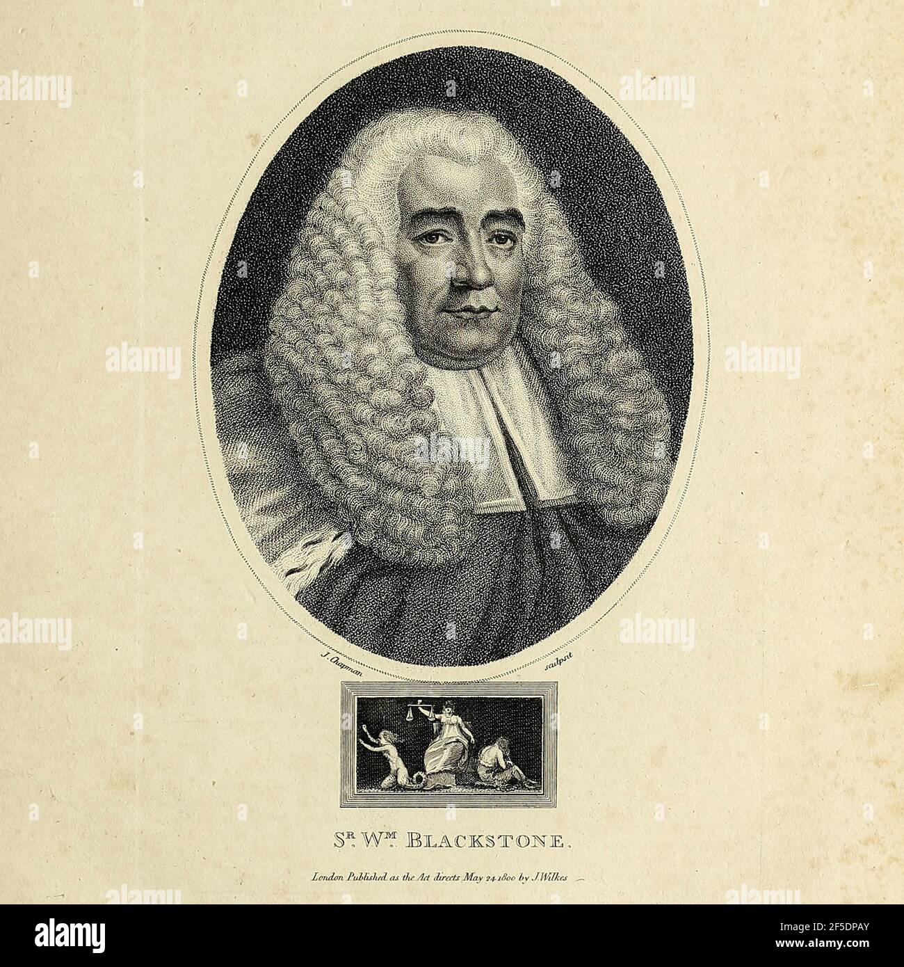 Sir William Blackstone SL KC (10. Juli 1723 – 14. Februar 1780) war ein englischer Jurist, Richter und Tory-Politiker des achtzehnten Jahrhunderts. Er ist am meisten bekannt für das Schreiben der Kommentare über die Gesetze von England. Geboren in einer bürgerlichen Familie in London, Kupferstich aus der Encyclopaedia Londinensis oder, Universal Wörterbuch der Künste, Wissenschaften und Literatur; Band III; herausgegeben von Wilkes, John. Veröffentlicht 1810 in London Stockfoto