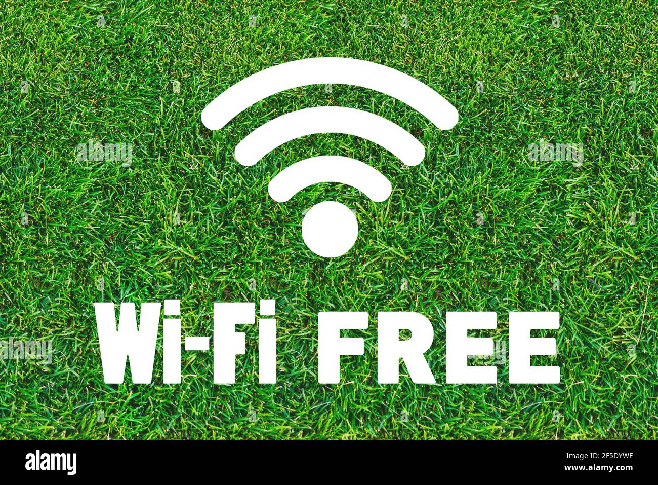 Kostenloser Internetpunkt in einer Bar, einem Restaurant, einem Café oder einem Park. Wi-Fi-Symbol auf grünem Rasen. Technologie und Kommunikation. Stockfoto