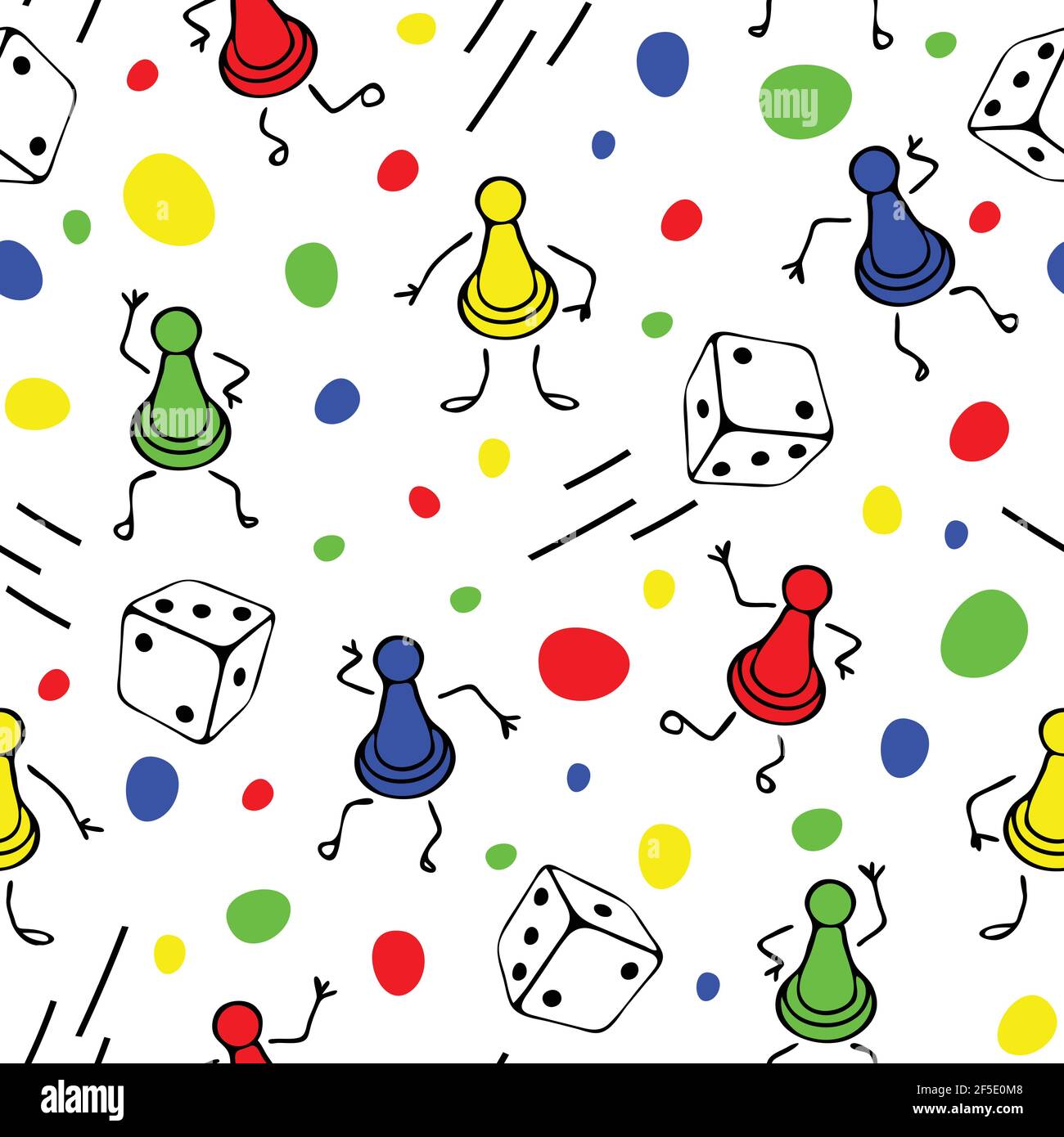 Nahtlose Vektor-Muster mit Brettspiel Würfel auf weißem Hintergrund. Cartoon Spiel Nacht Wallpaper Design für Kinder. Fun Mode Textil. Stock Vektor