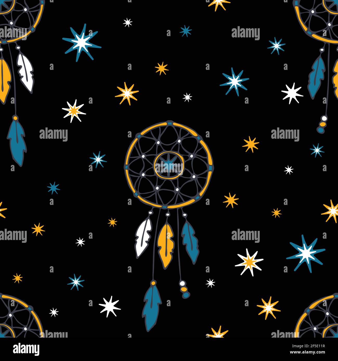 Nahtloses Vektor-Muster mit Traumfänger und Sternen auf schwarzem Hintergrund. Spiritualität Zigeunertapete Design. Hippige Mode Textil. Stock Vektor