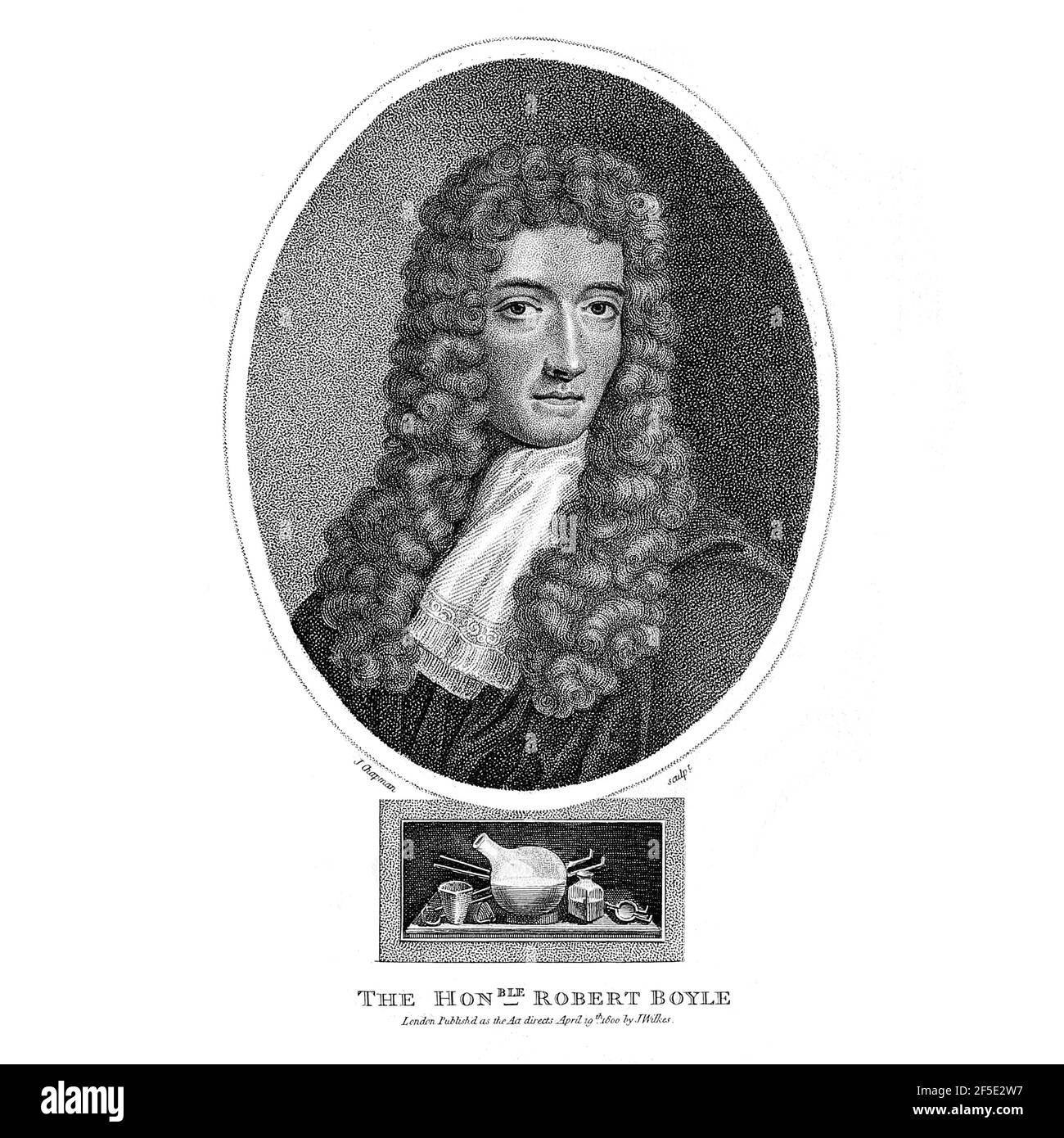 Robert Boyle FRS (25. Januar 1627 – 31. Dezember 1691) war ein anglo-irischer Naturphilosoph, Chemiker, Physiker und Erfinder. Boyle gilt heute weitgehend als der erste moderne Chemiker und damit einer der Begründer der modernen Chemie und einer der Pioniere der modernen experimentellen wissenschaftlichen Methode. Er ist am besten bekannt für Boyles Gesetz, das die umgekehrt proportionale Beziehung zwischen dem absoluten Druck und Volumen eines Gases beschreibt, wenn die Temperatur innerhalb eines geschlossenen Systems konstant gehalten wird. Unter seinen Werken wird der skeptische Chymist als ein Eckstein Buch auf dem Gebiet der chem gesehen Stockfoto
