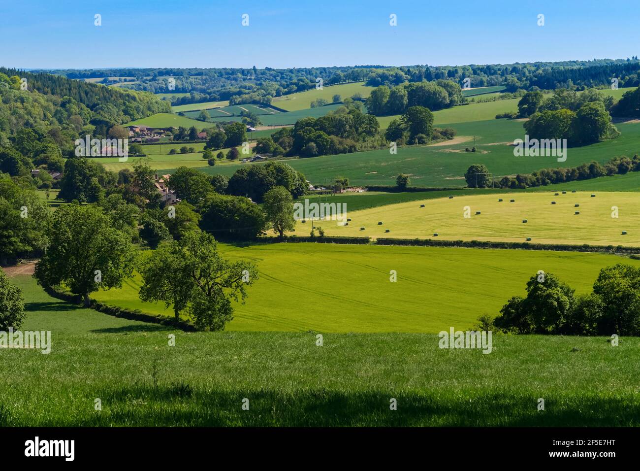 Blick nach Süden von Turville Heath in Richtung Stonor Valley in den Chiltern Hills bei Henley-on-Thames; Turville, Stonor, South Oxfordshire, Großbritannien Stockfoto