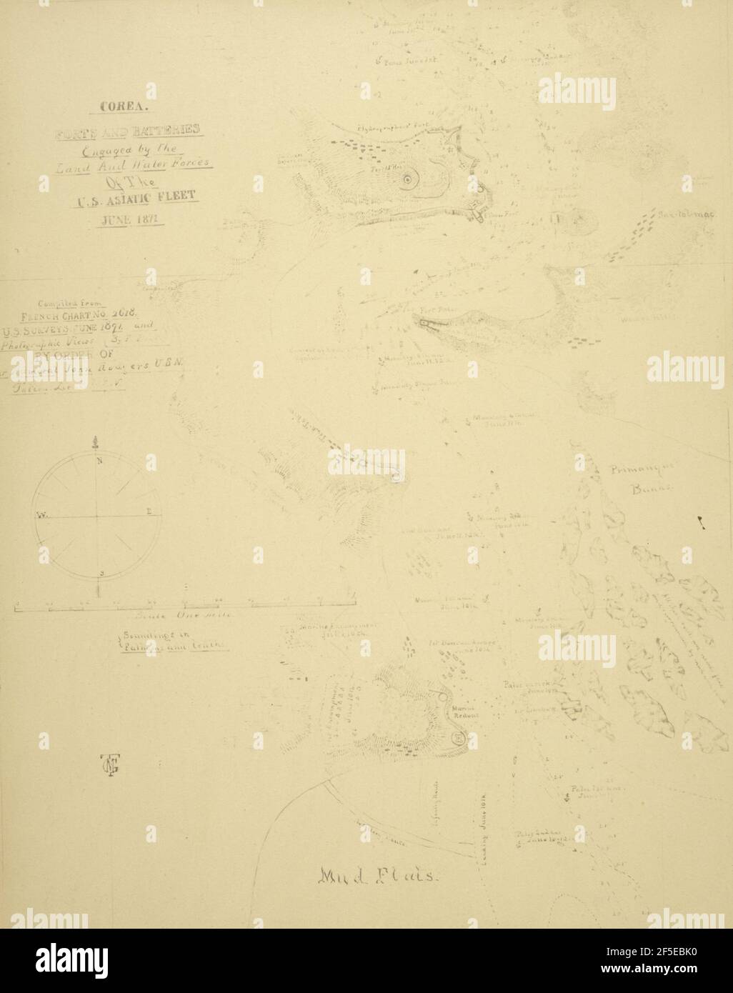 Karte von Korea 'Forts und Batterien von den Land-und Wasserkräften der C.S. engagiert Asiatische Flotte Juni 1871'. Felice Beato (Englisch, geboren Italien, 1832 - 1909) Stockfoto
