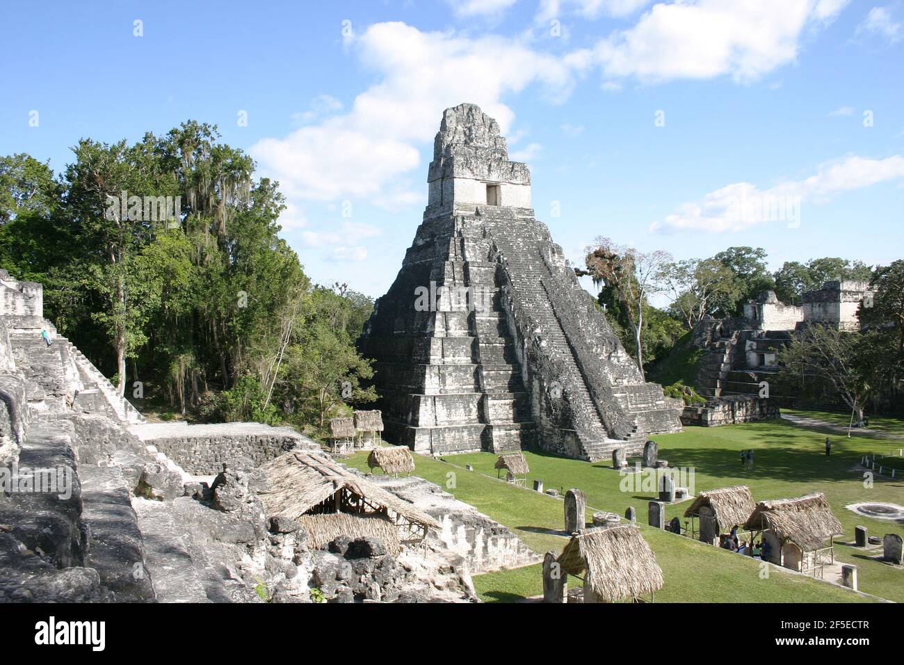 Maya Ruinen in Tikal Guatemala.Templo I, der Templo del Gran Jaguar (Tempel des Grand Jaguar),alias der Tempel von Ah Cacao,erbaut, um Ah Cacao zu ehren und zu begraben. Stockfoto