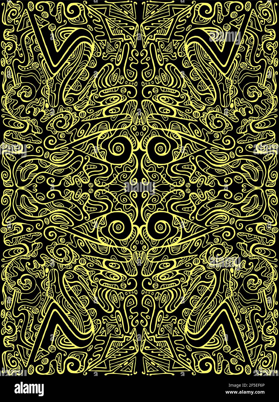 Erstaunlich psychedelisch ornamental abstrakter Hintergrund, gelbe Umrisse, isoliert auf schwarz. Dekorative, modische Textur. Vector Mandala schamanic illustratio Stock Vektor