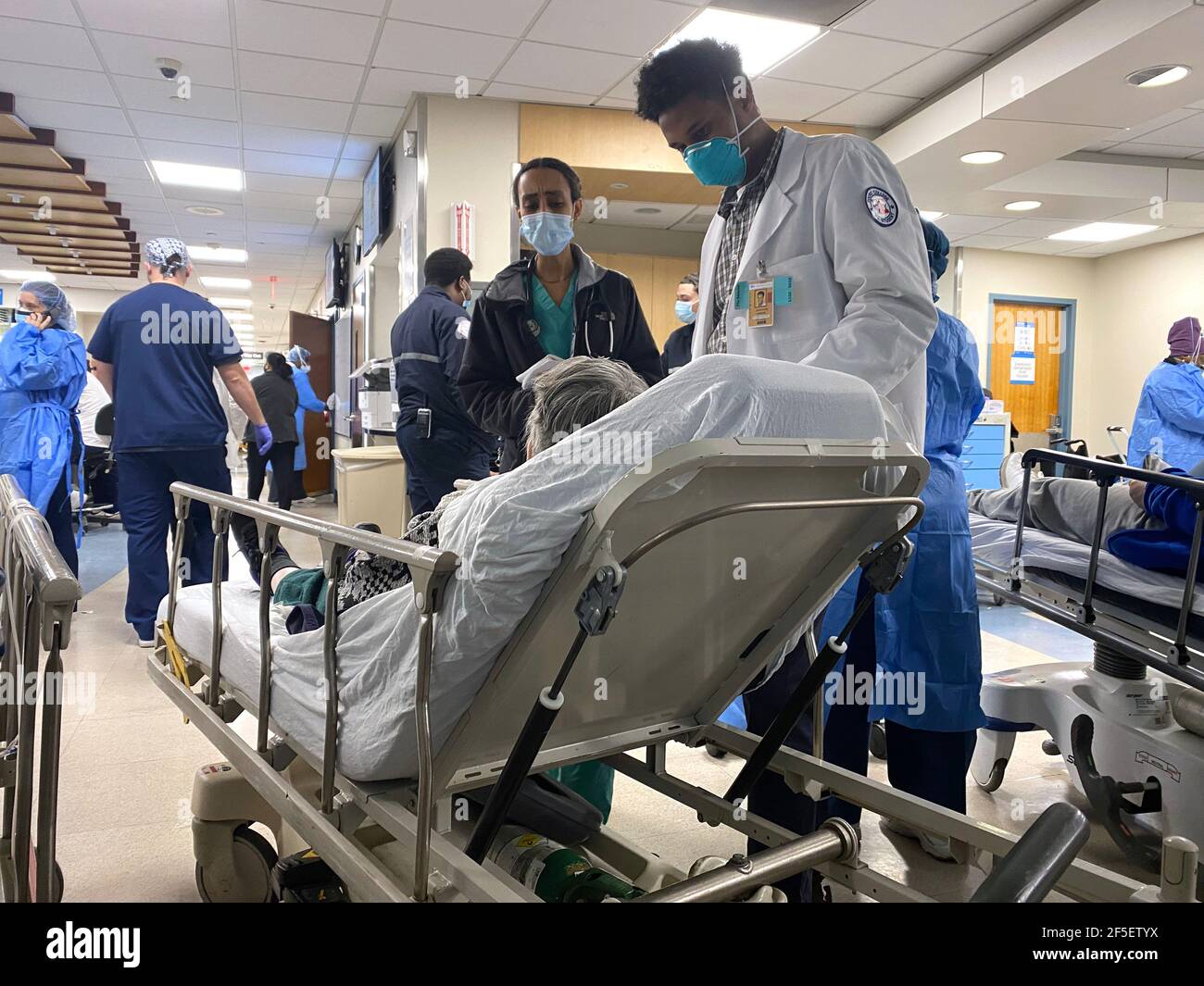 Medizinstudenten interviewen Patienten in einer Notaufnahme eines Krankenhauses in New York City. Stockfoto