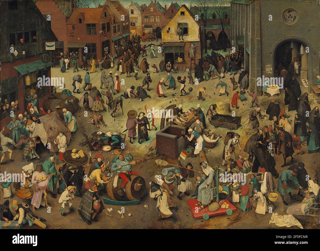 Titel: Kampf zwischen Fasching Ersteller: Pieter Bruegel der Ältere Datum: 1559 Medium: Öl auf Eichenplatte Maße: 26.5x39.4 cms Ort: Kunsthistorisches Museum, Wien, Österreich Stockfoto