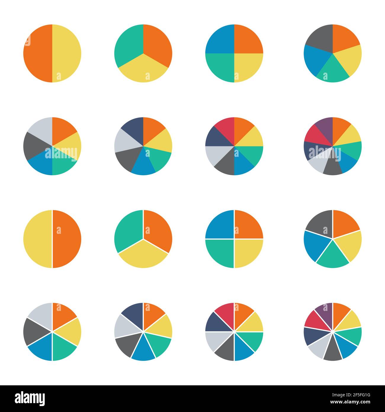 Infografik Kreisdiagramm Set. Zyklus Sammlung - 2,3,4,5,6,7 und 8 Abschnitt. Vektor auf weißem Hintergrund isoliert. Stock Vektor