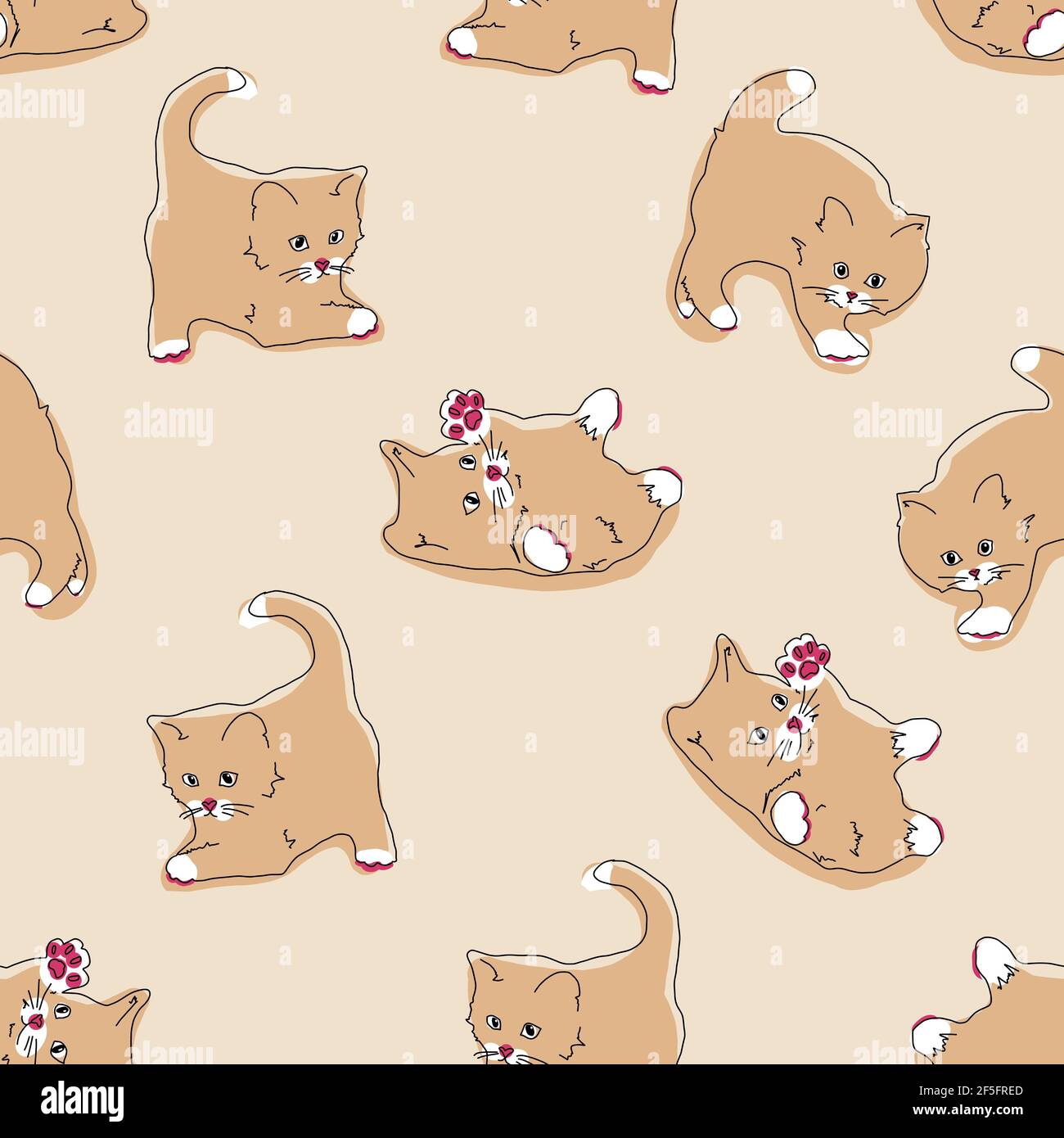 Katzen Nahtloses Muster. Lustige Cartoon Kätzchen in verschiedenen Posen auf beige Farbe Hintergrund. Vektor handgezeichnete Illustration in flachem Stil, pastellfarben Stock Vektor