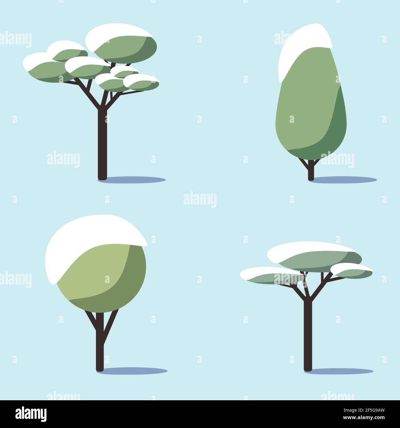 Eine Reihe von grünen schneebedeckten Laubbäumen mit Schatten. Design-Element für Natur Logo oder Banner. Vektor-Illustration im flachen Stil auf einer blauen BA Stock Vektor