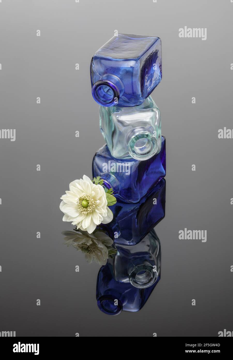 Kleine gestapelte Glasflaschen mit weißem Anemone Stockfoto