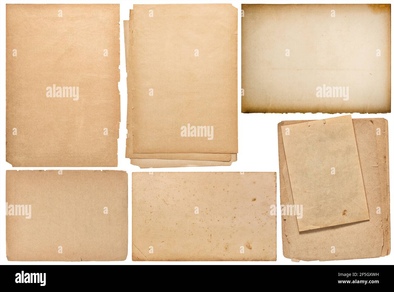 Papierbögen, Buchseiten, Pappe isoliert auf weißem Hintergrund. Scrapbooking Basteln Objekte Stockfoto