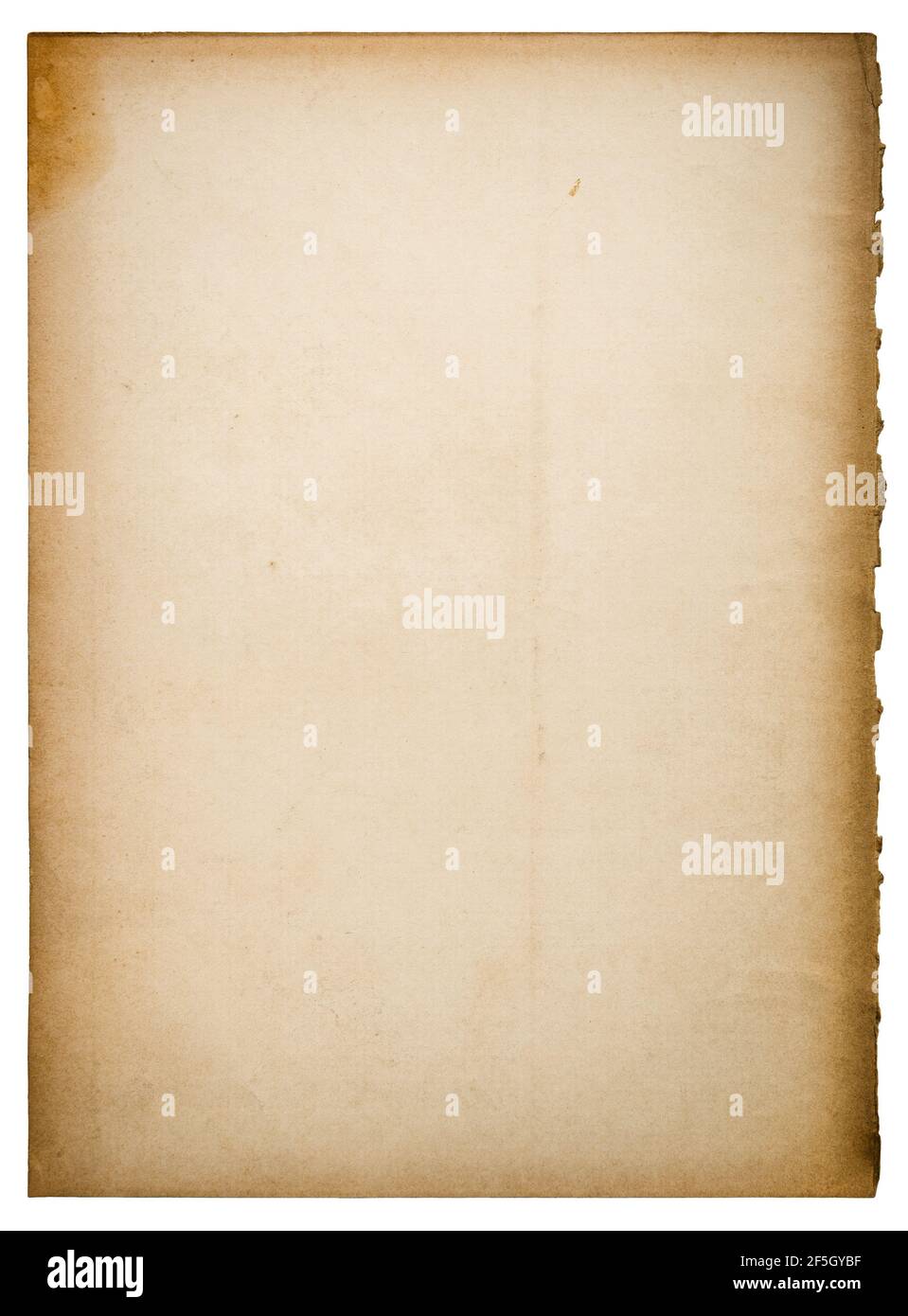 Altes Papierblatt mit abgerissenen Kanten auf weißem Hintergrund isoliert Stockfoto