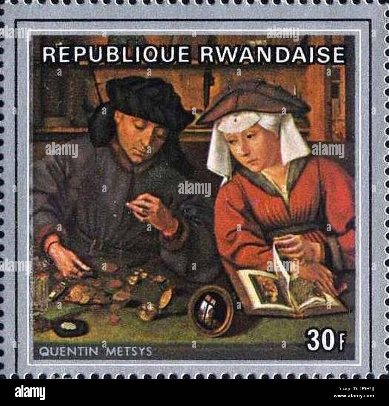 Quentin Metsys, der Moneylender und seine Frau, 1514 auf 1969 Briefmarke von Ruanda. Stockfoto