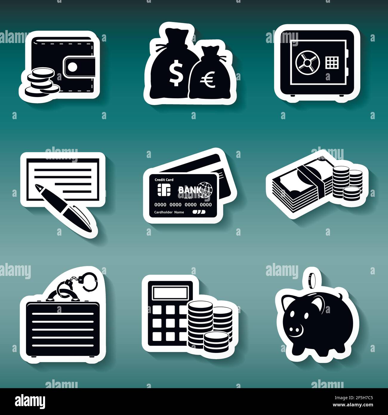 Finanzen und Geld Aufkleber Set. Vektorgrafik. Stock Vektor