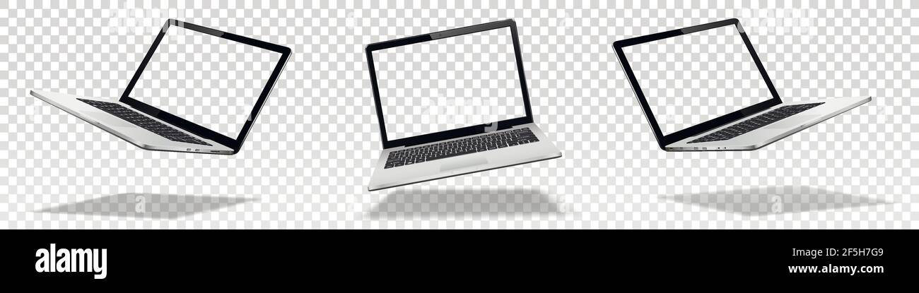 Satz von Vektor schweben oder schweben Laptops mit transparentem Bildschirm isoliert auf transparentem Hintergrund. Perspektive und Vorderansicht mit leerem Bildschirm. Stock Vektor