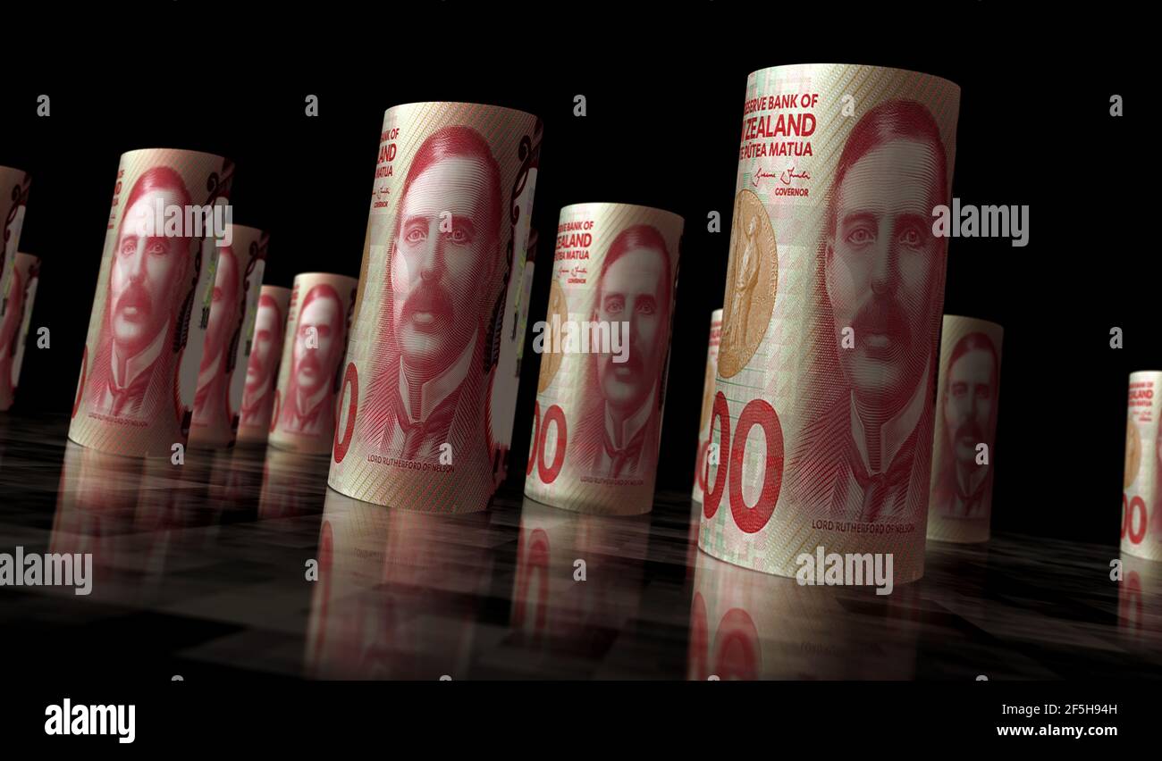 Neuseeland Dollar Geldpaket 3D Abbildung. 100 NZD-Banknotenbündel. Konzept von Finanzen, Bargeld, Wirtschaftskrise, Geschäftserfolg, Rezession, Stockfoto