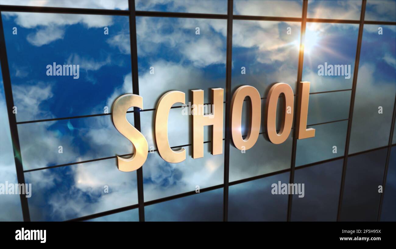 Schule auf Glasgebäude. Verspiegelter Himmel und moderne Fassade der Stadt. Öffentliche Grund-, Grund- und Lernkonzept 3D Rendering Illustration. Stockfoto
