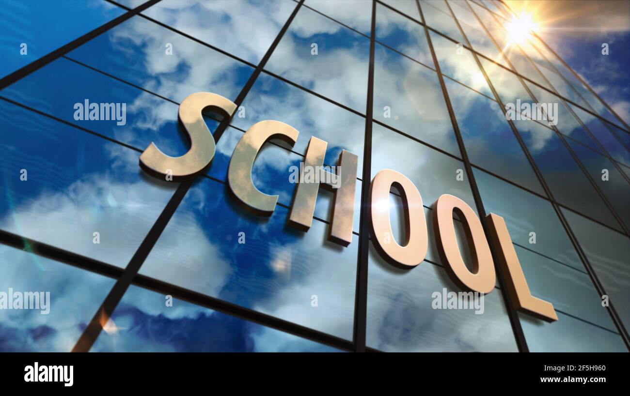 Schule auf Glasgebäude. Verspiegelter Himmel und moderne Fassade der Stadt. Öffentliche Grund-, Grund- und Lernkonzept 3D Rendering Illustration. Stockfoto