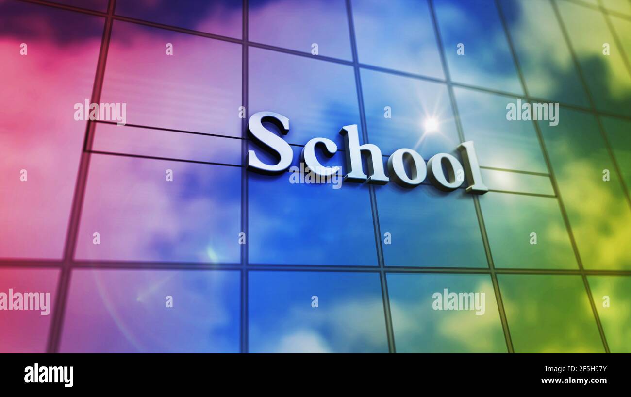 Schule auf Glasgebäude. Verspiegelter Himmel und moderne Fassade der Stadt. Öffentliche Grund-, Grund- und Lernkonzept 3D Rendering Illustration. Stockfoto
