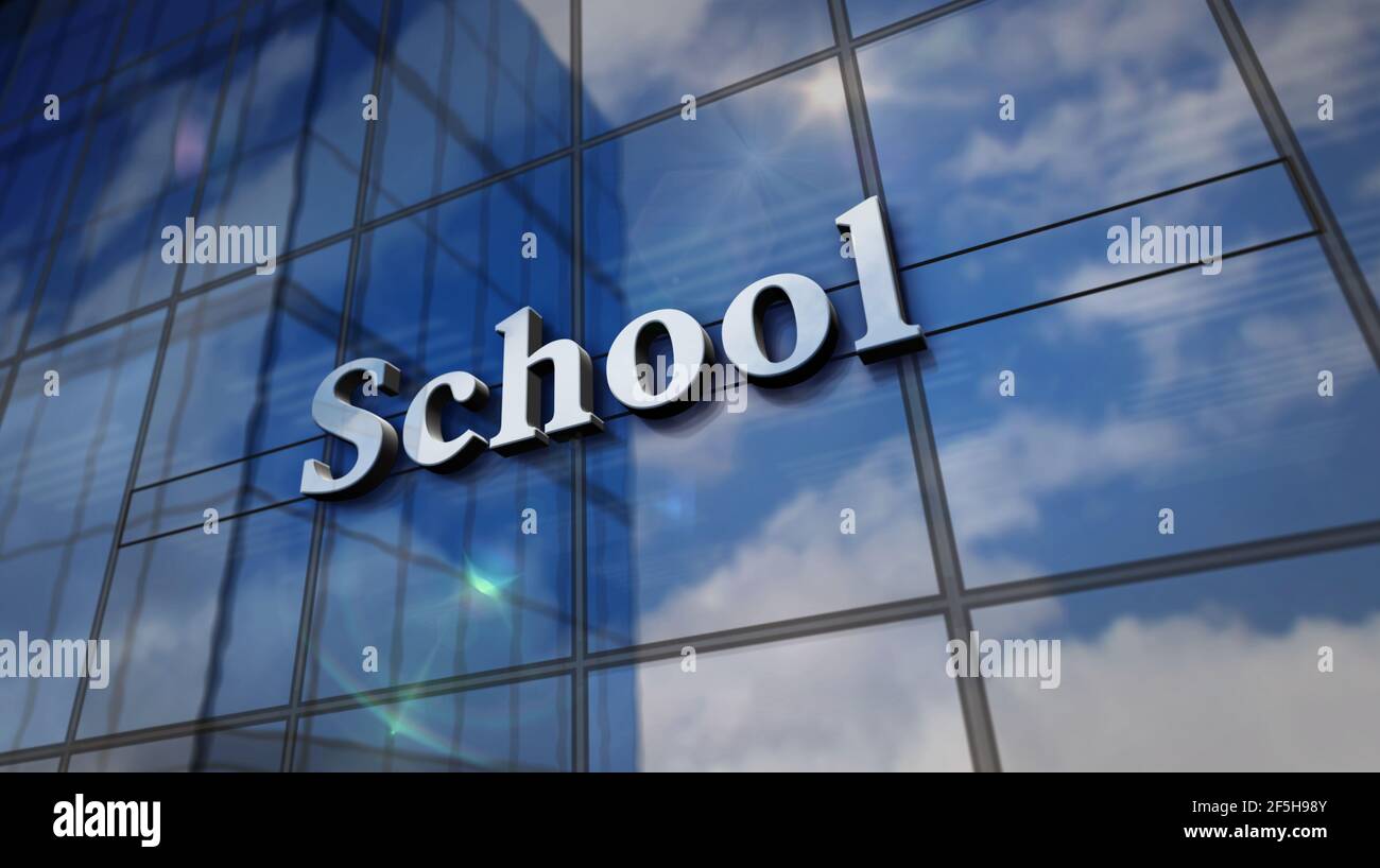 Schule auf Glasgebäude. Verspiegelter Himmel und moderne Fassade der Stadt. Öffentliche Grund-, Grund- und Lernkonzept 3D Rendering Illustration. Stockfoto