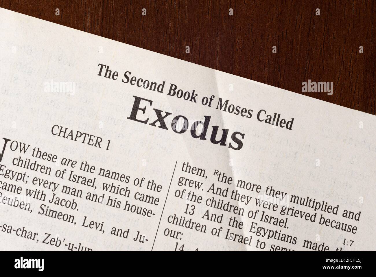 Ein gestochen scharfes Makrofoto der ersten Seite des Buches Exodus. Stockfoto