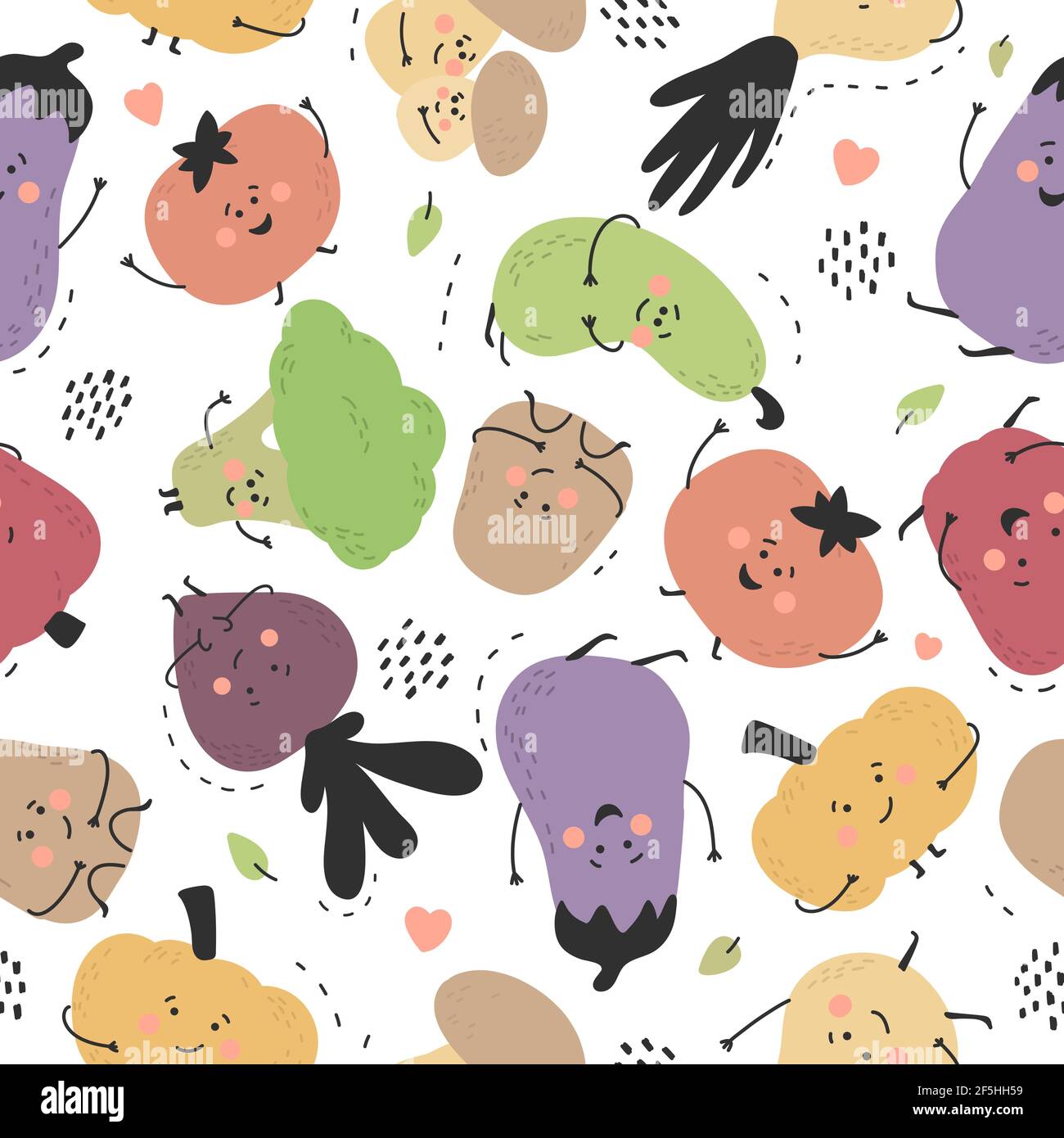 Niedliche Hand gezeichnet glücklich Gemüse. Cartoon-Doodle-Stil. Lustige Charaktere. Farbenfroher Sommer-Kinderdruck. Tomaten, Gurken, Paprika, Brokkoli Stock Vektor