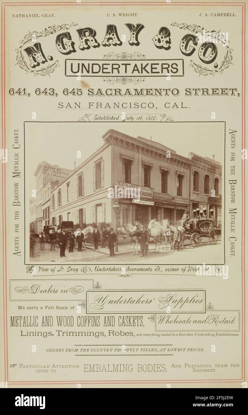 Blick auf N. Gray und Company's, Bestatter, Sacramento Street, Ecke Webb Street. I.W. Taber (Amerikanisch, 1830 - 1912) Stockfoto
