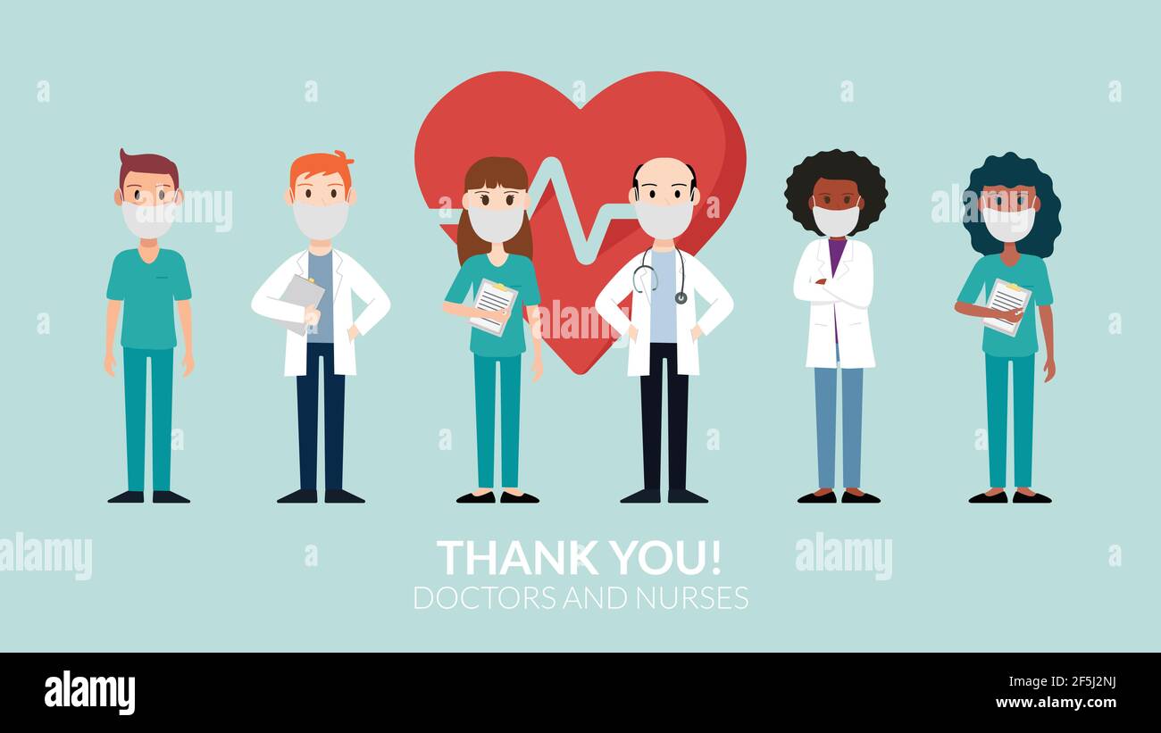 Danke, Ärzte und Krankenschwestern tragen eine Maske mit einem Herzen hinter der Arbeit in den Krankenhäusern und Kampf COVID-19. Vektorgrafik Stock Vektor