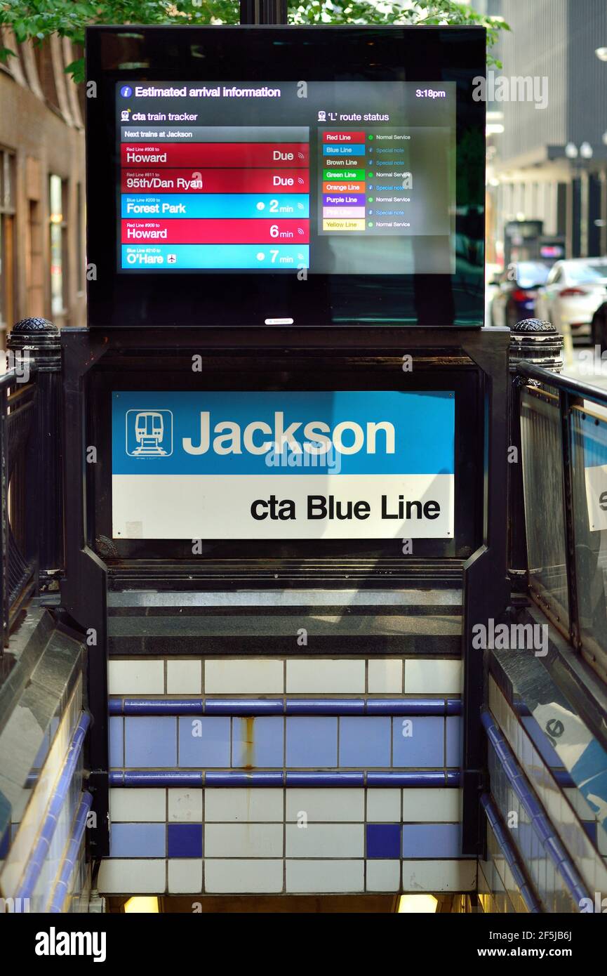 Chicago, Illinois, USA. Ein U-Bahn-Eingang an der CTA Blue Line Jackson Boulevard U-Bahn-Station in der Chicago Loop. Stockfoto