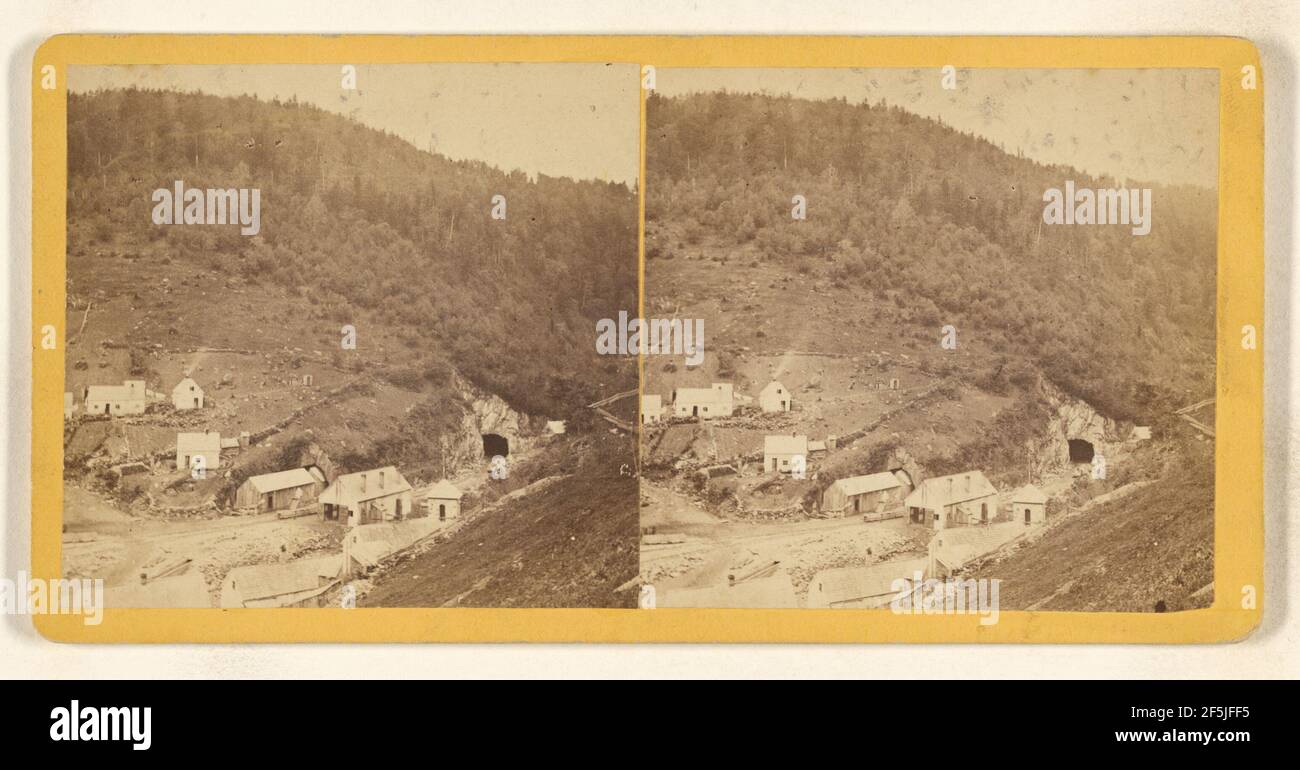 Hoosac Tunnel. Dies ist eine Vogelperspektive auf den Tunnel und andere Gebäude von Blood's Hill. W.P. Hurd & H.D. Station Stockfoto