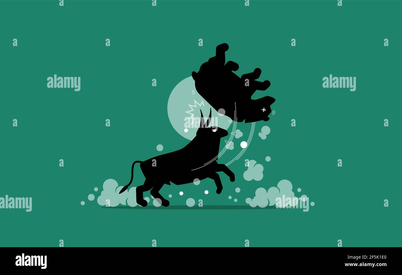 Die Börse von Bullen und Bären konkurriert, wobei der Bulle den Kampf gewinnt. Vektordarstellung Konzept der Hausse, bullischen Trend und Aufwärtstrend. Stock Vektor