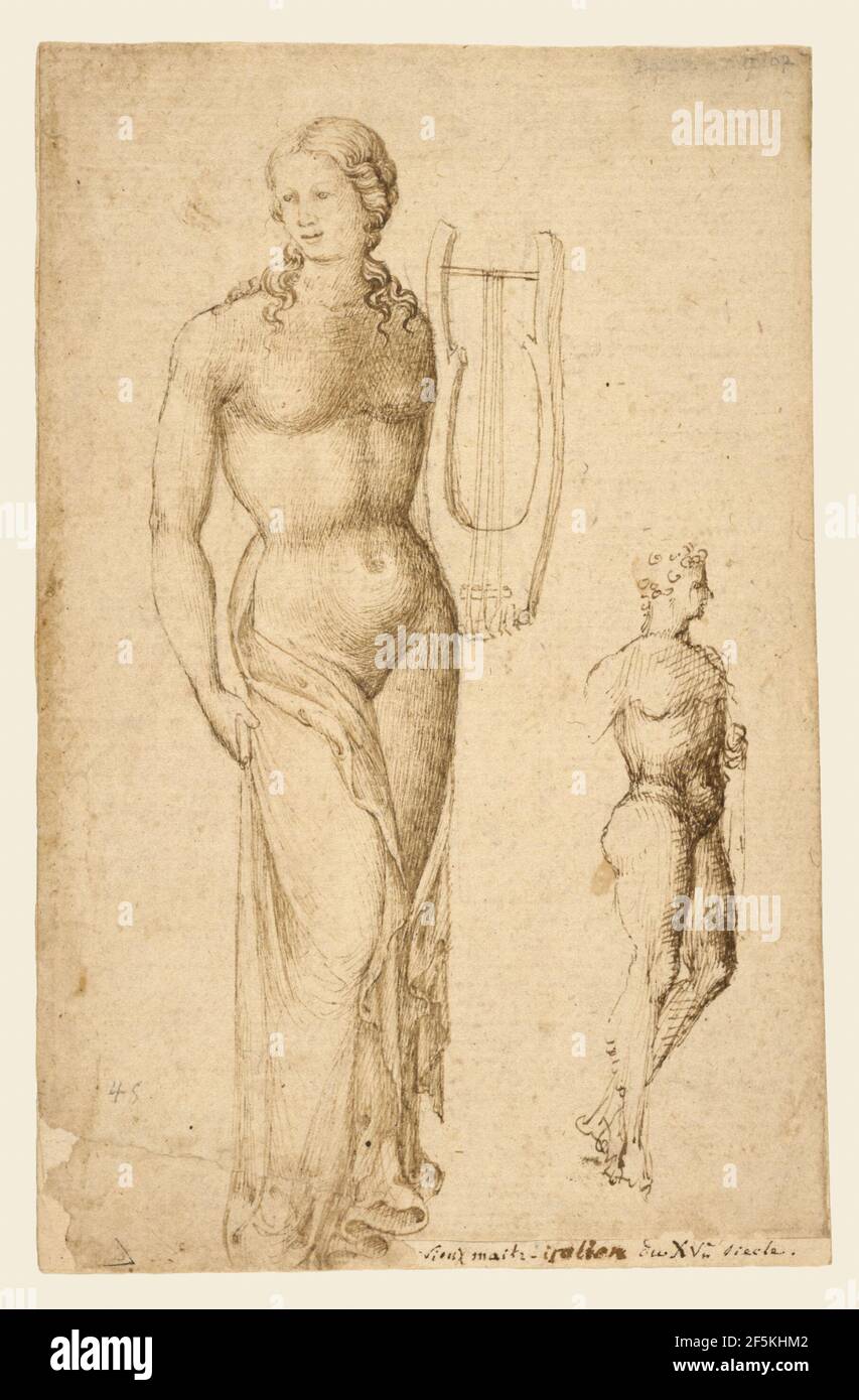 Weibliche Figur mit einer Cithara und einer männlichen Figur. Unbekannter Hersteller, Nord- oder Mittelitalienische Schule Stockfoto