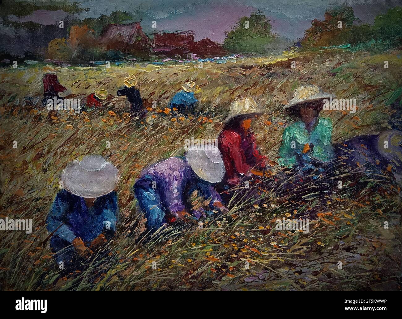 Kunst Malerei Ölfarbe Landwirt , Ernte Reis , Landwirt , ländliches Leben , ländliches thailand Stockfoto