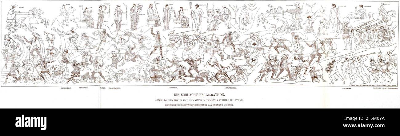 Rekonstruktion der Schlacht von Marathon durch Polygnotos. Stockfoto