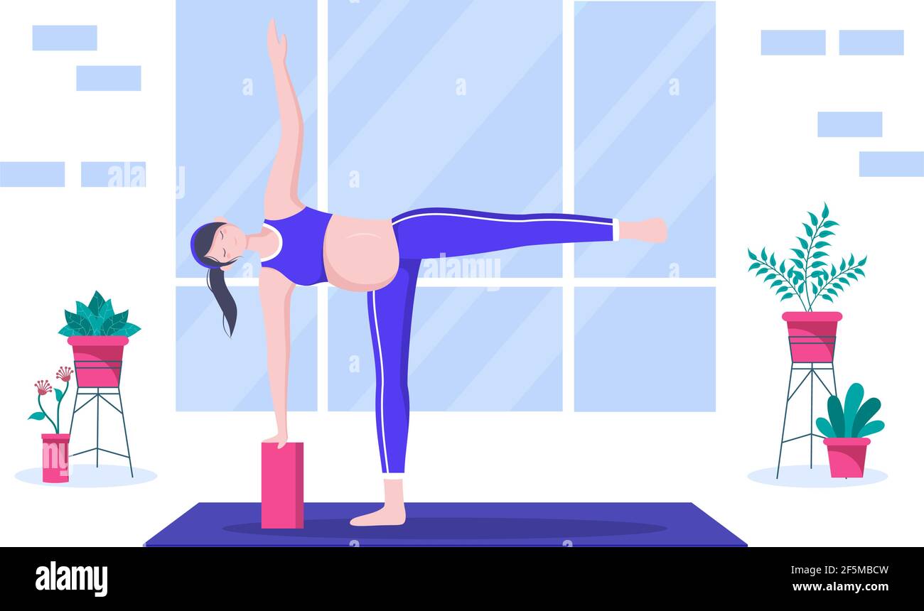 Schwangere Frau tut Yoga-Posen mit Entspannung, Meditation, Balance-Übungen und Stretching. Vektor-Illustration Mit Flachem Design Stock Vektor