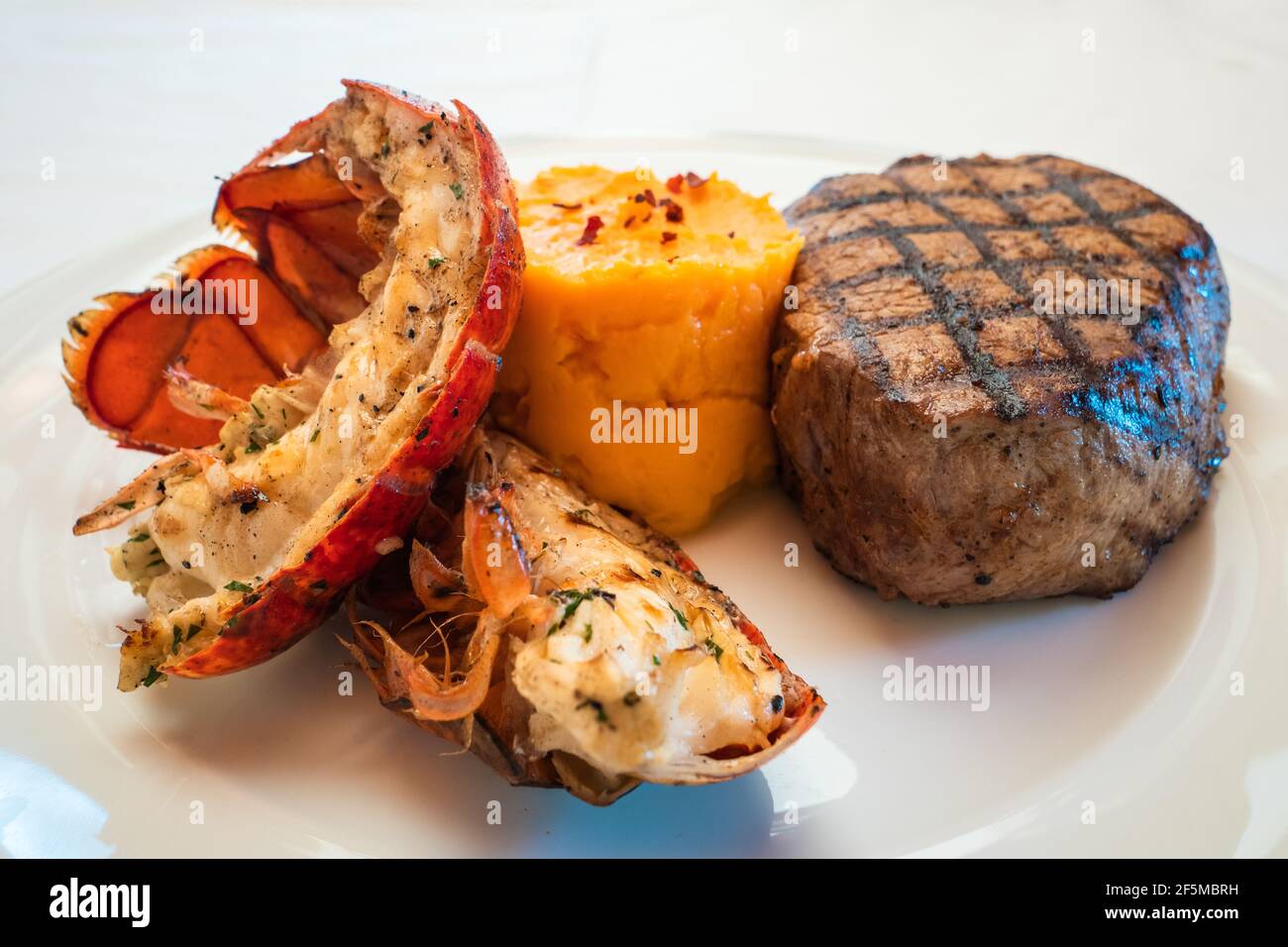 Surf and Turf Tenderloin Steak und Hummer Tail gegrillt Ein weißer Teller mit süßer Kartoffelpüree Stockfoto