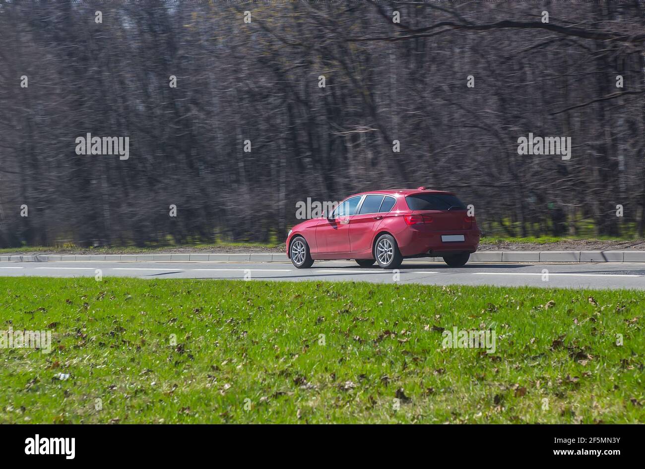 Rotes Auto bewegt sich auf der Landstraße umgeben von dunklem Wald. Stockfoto