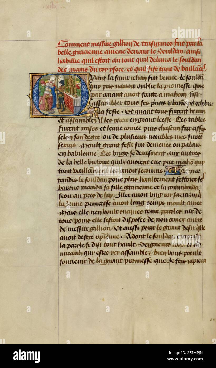 Initial F: Der Sultan kniet vor Gillion. Stockfoto