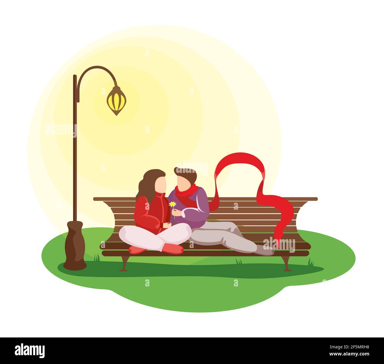 Ein verliebtes Paar sitzt auf der Parkbank im Straßenlaterne. Junge liebende Mädchen umarmt Kerl in langen roten Schal. Mann und Frau romantische Beziehung Vektor isoliert eps Illustration Stock Vektor