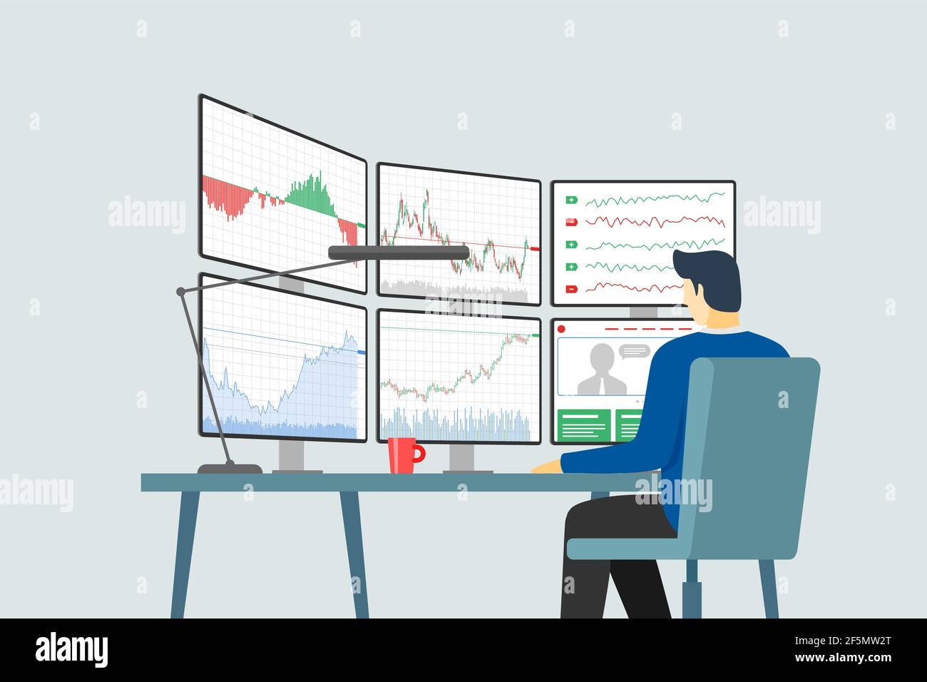 Aktienhändler am Arbeitsplatz betrachten mehrere Computerbildschirme mit Finanzdiagrammen, Diagrammen und Grafiken. Konzept der Business-Index-Analyse. Abbildung: Broker Exchange Trading Vector eps Stock Vektor