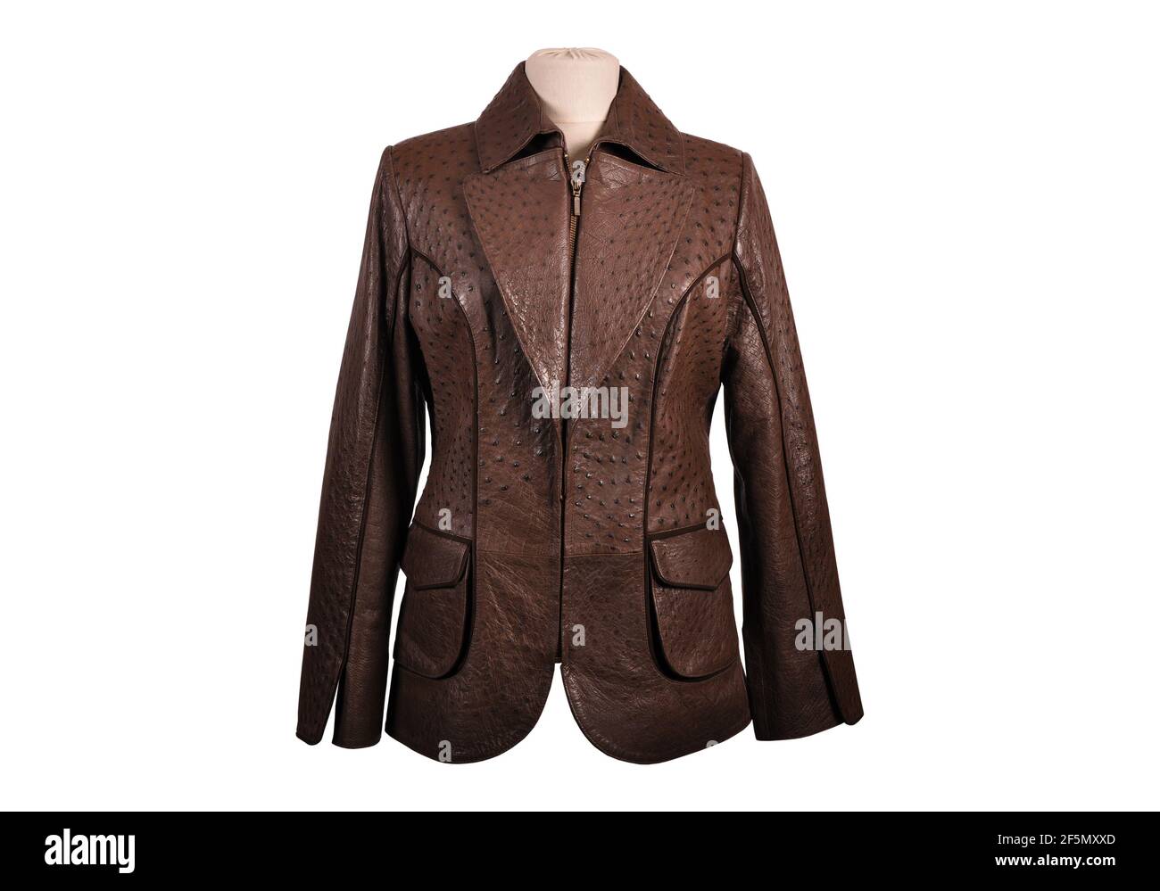 Frauen Straußenlederjacke isoliert auf weißem Hintergrund, passen Größe Ledermantel Stockfoto